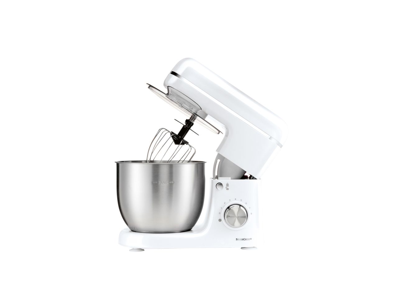 A white SilverCrest stand mixer with a stainless steel bowl and whisk attachment.