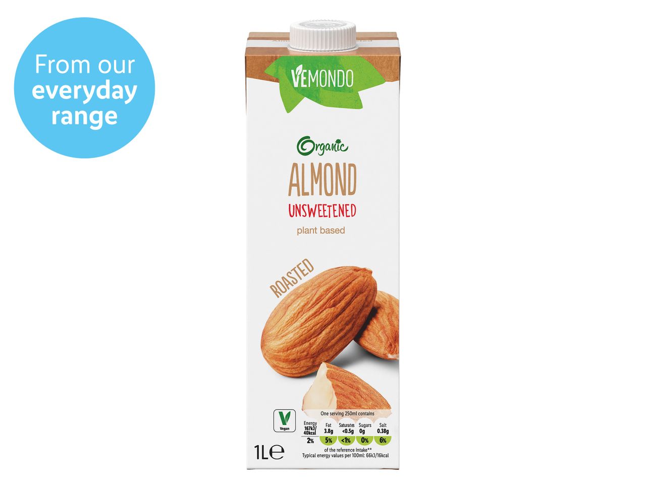 Vemondo organic unsweetened roasted almond milk, plant-based.