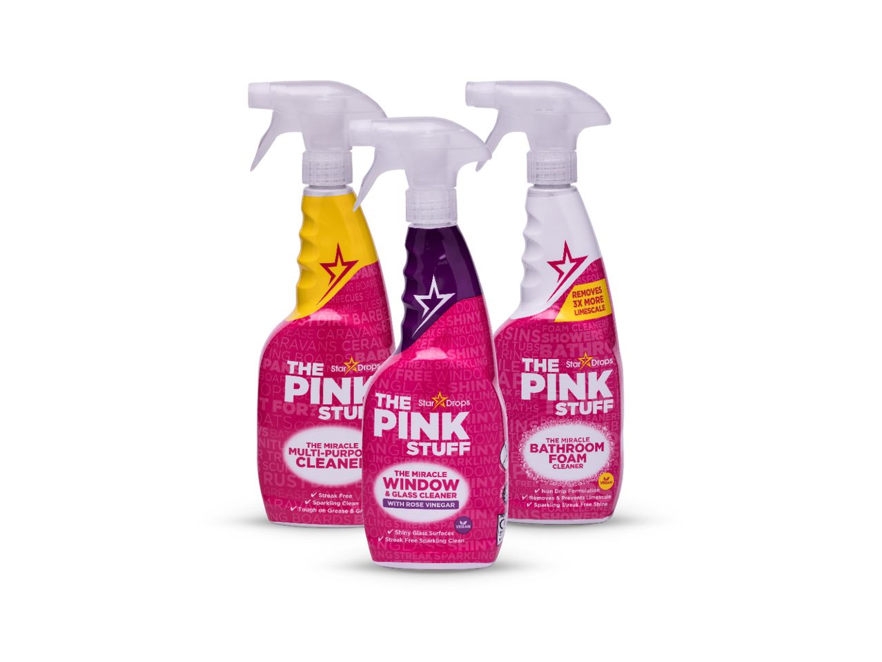 Tri boce Star Drops The Pink Stuff sredstava za čišćenje: višenamjensko, za prozore i za kupaonicu.