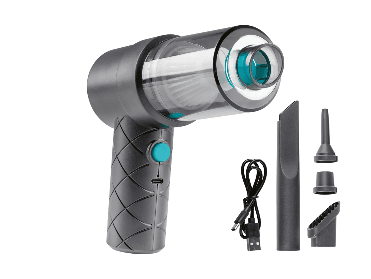 Aspirateur à main sans fil avec accessoires, câble de chargement USB et différentes buses.