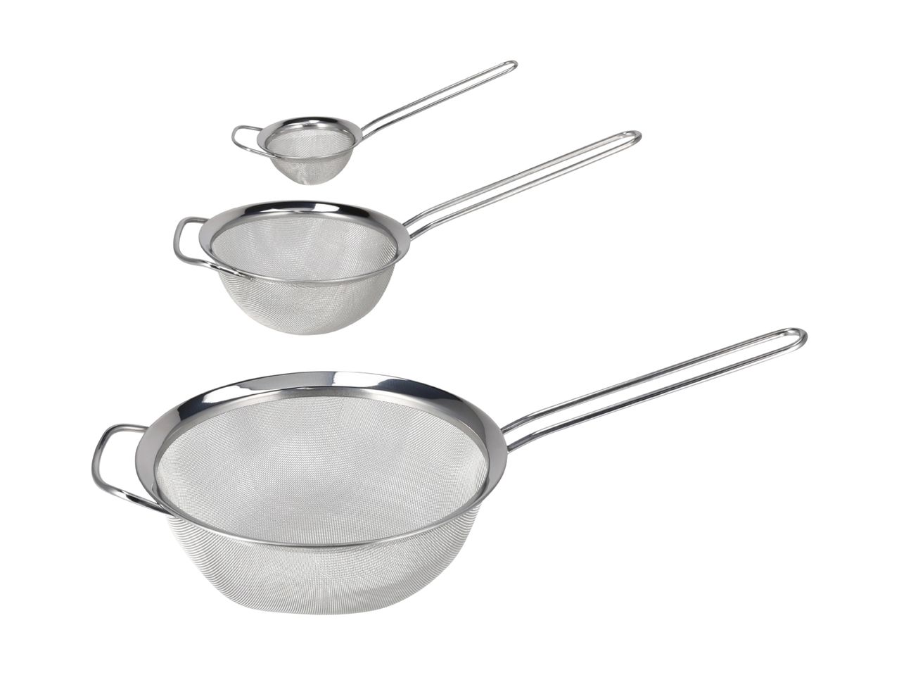 Set of three stainless steel mesh strainers in varying sizes, with handles.