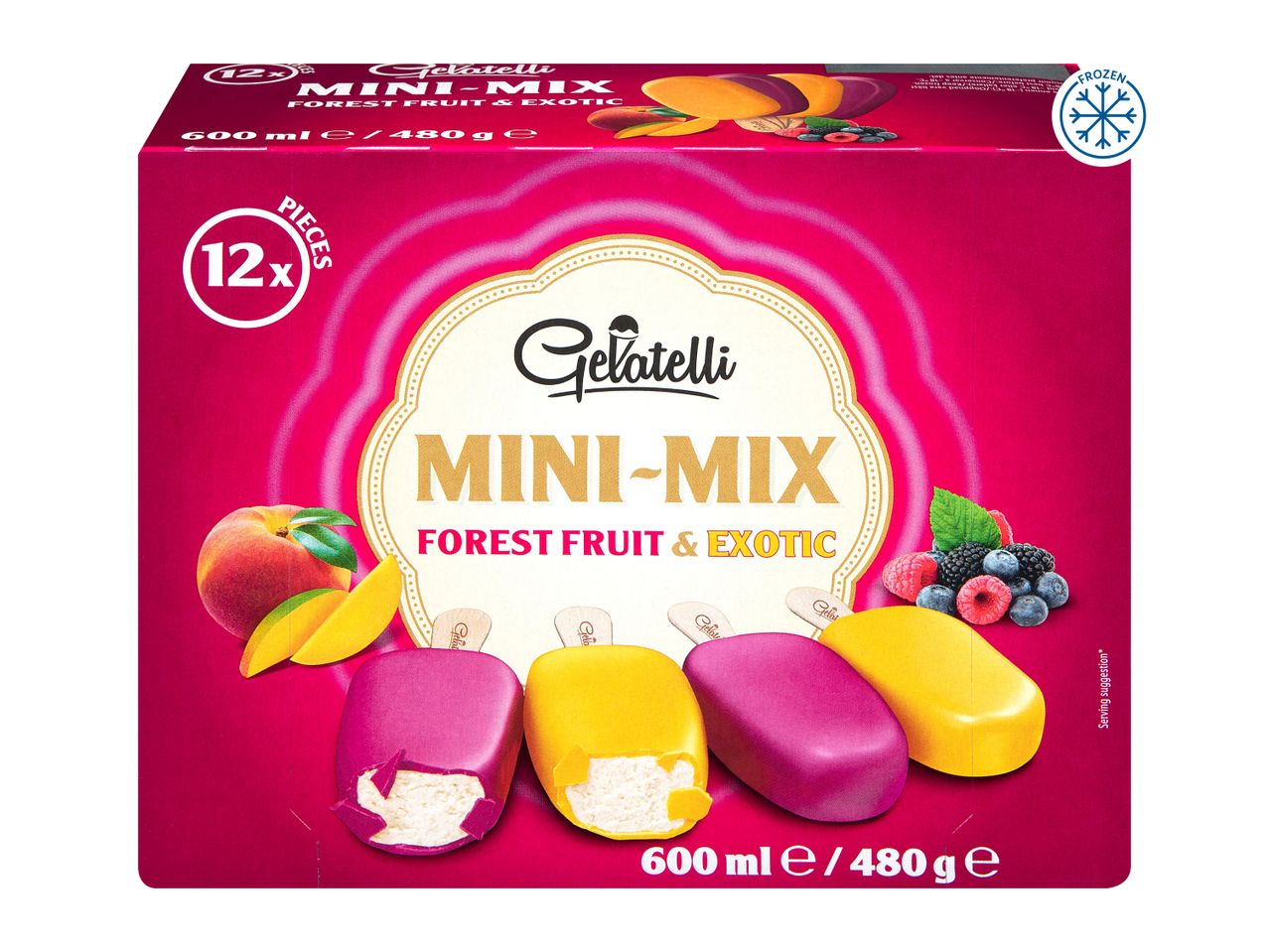 A box of 12 mini ice cream bars in forest fruit and exotic flavors, with a frozen symbol.