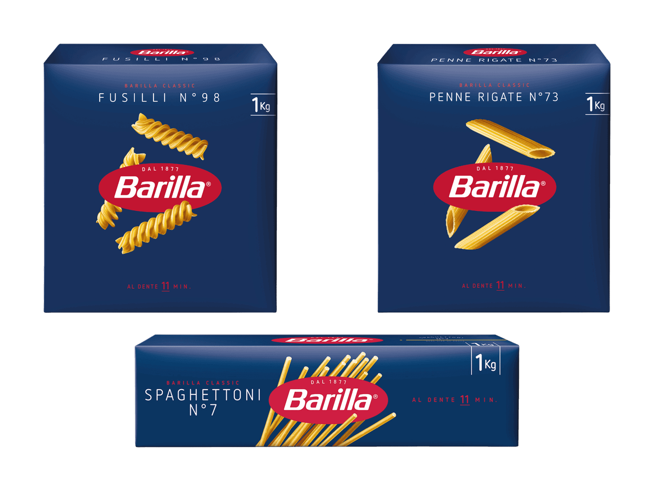 Trois paquets de pâtes bleus : fusilli, penne rigate et spaghettoni, tous de 1 kg.