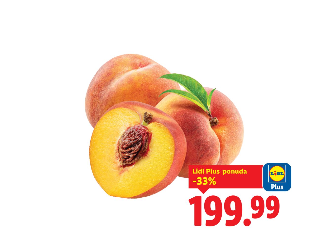 Lidl Plus ponuda: breskve, 199.99 dinara (-33%).