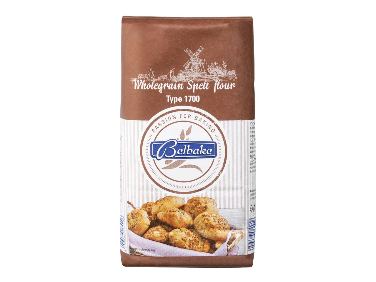 Rjava vrečka polnozrnate pirine moke tipa 1700 z napisom »Passion for Baking« in sliko pekovskih izdelkov.