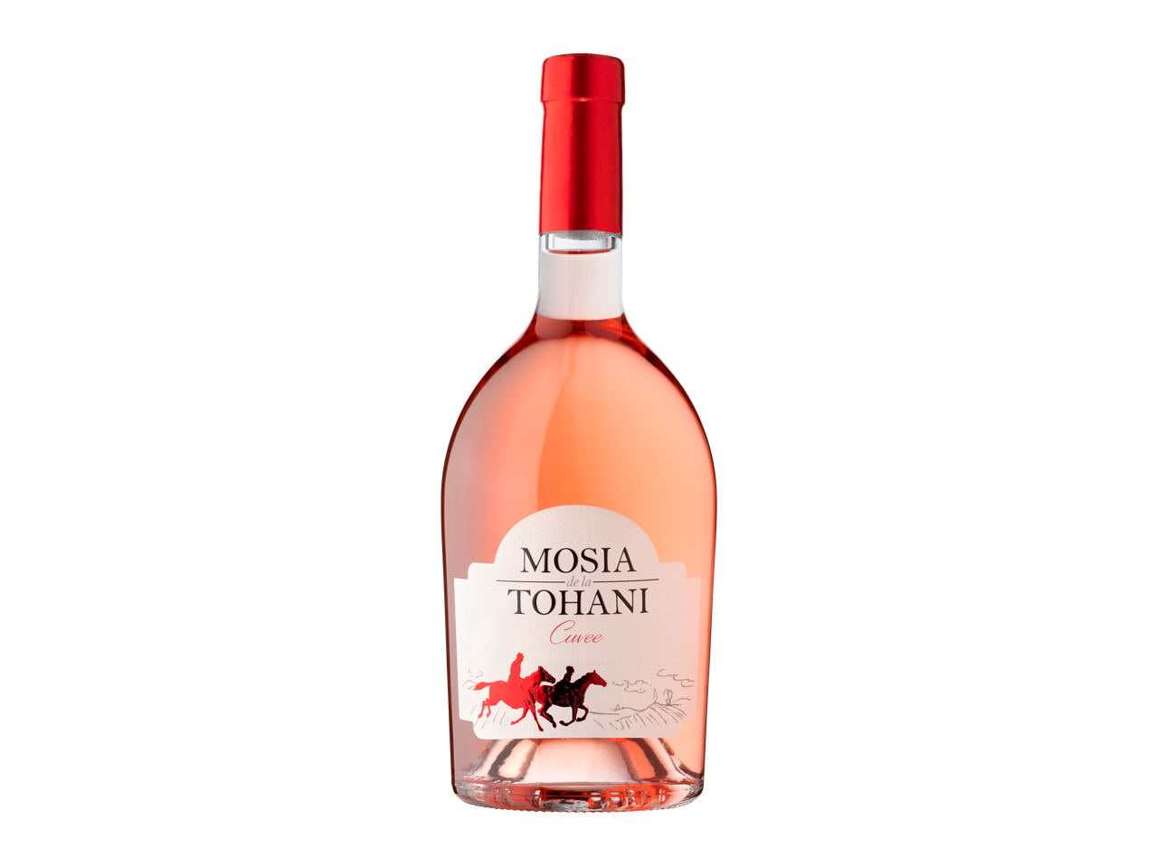 O sticlă de vin rosé Moșia Tohani Cuvee, cu etichetă albă și ilustrații roșii.