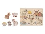 Wooden farm animal puzzle with pieces for a horse, pig, cow, dog, and ducks.
