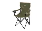 Green folding camping chair with armrests and a cup holder.