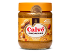 Pot pindakaas met stukjes pinda, met een geel etiket en oranje deksel.