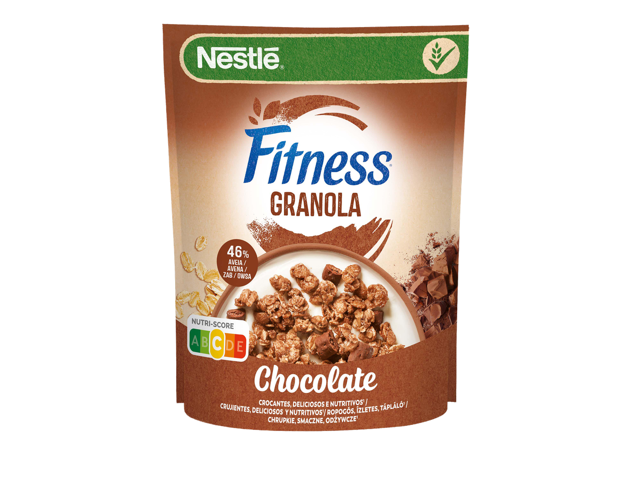 Csokoládés granola zabpehellyel, Nutri-Score C minősítéssel.