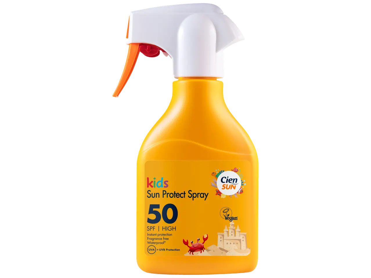 Cien Kids sprej za zaštitu od sunca SPF 50, narandžasta boca sa belo-narandžastom prskalicom.
