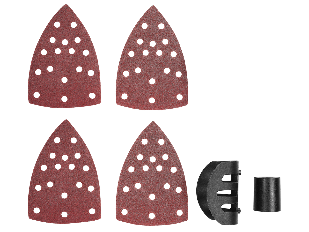 Комплект от четири шкурки с форма на ютия и два черни адаптера за шлайфане.