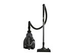 Black cylinder vacuum cleaner with hose and telescopic wand with floor nozzle.