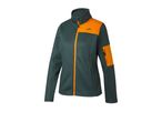 A dark green and orange knitted fleece jacket with a full zipper and a small logo on the chest.
