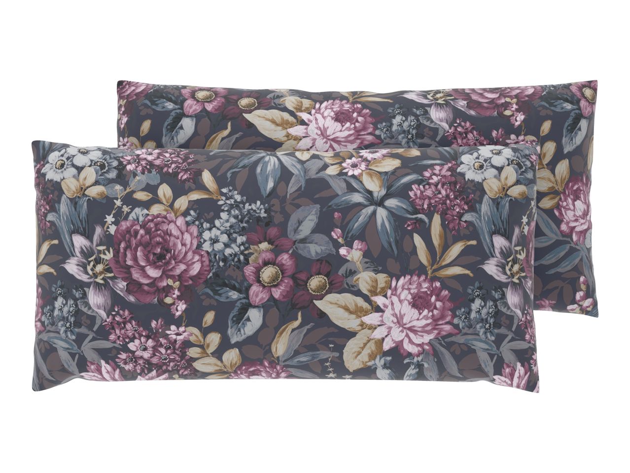 Two floral patterned pillows with dark background and pink, purple, and white flowers.