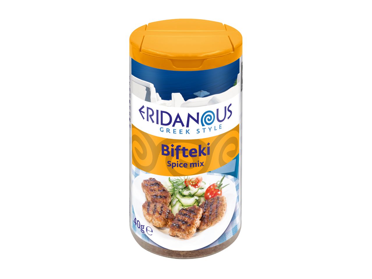 Greek style bifteki spice mix in a shaker, with grilled meatballs on the label.