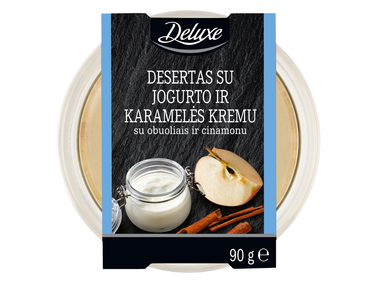 Deluxe desertas su jogurto ir karamelės kremu, su obuoliais ir cinamonu