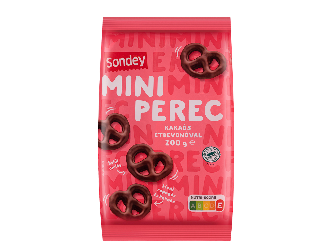 Rózsaszín csomagolású mini perec kakaós bevonattal, Nutri-Score jelöléssel.