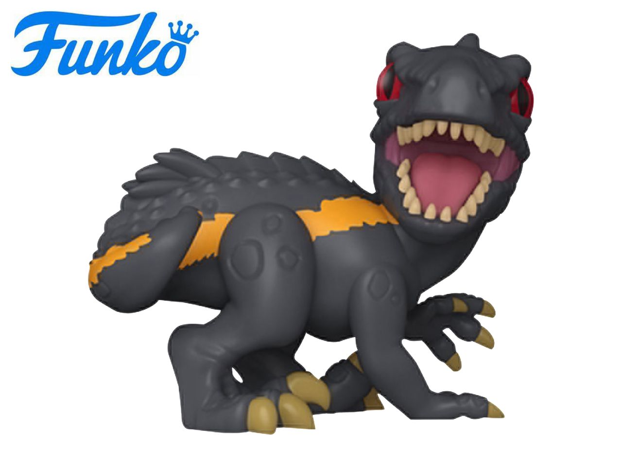 A black dinosaur toy with orange stripes and red eyes, mouth open, showing teeth.