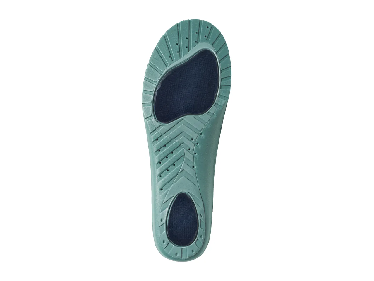 A teal-colored insole with a textured surface and dark blue heel pad.