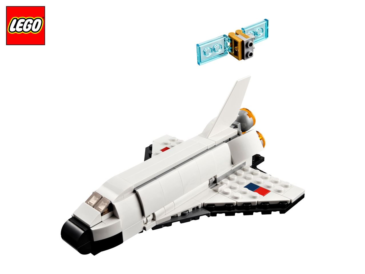 LEGO Space Shuttle with a satellite, white and black with orange engines.