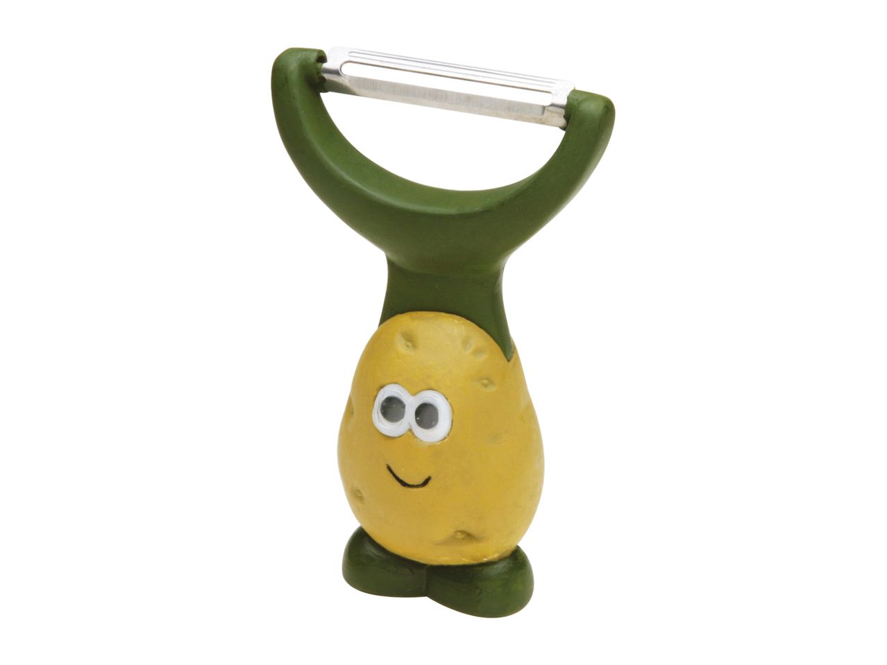 A cute potato-shaped peeler with a green handle.