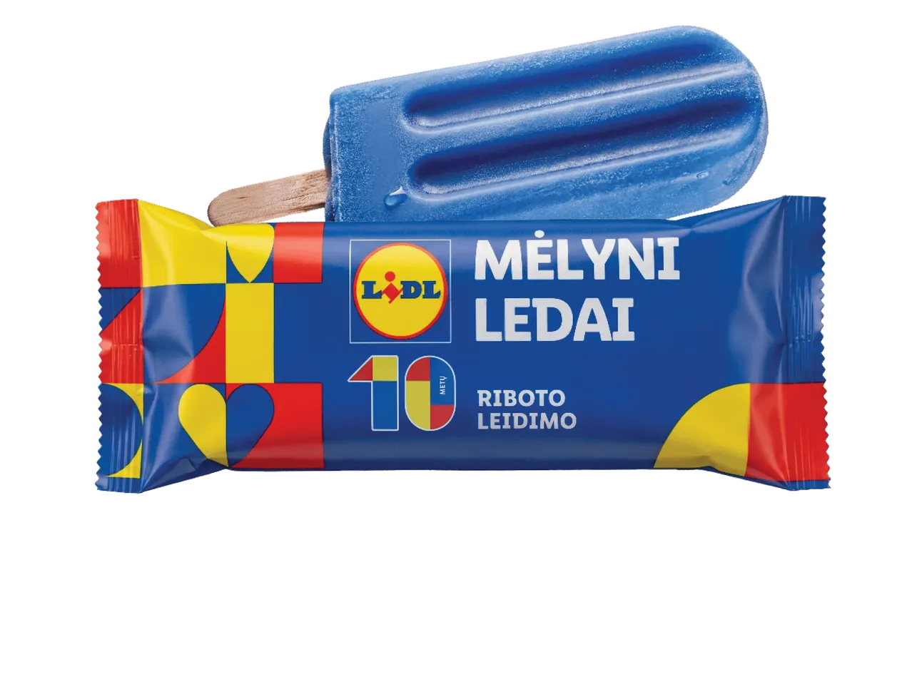 Mėlynas ledinukas ant pagaliuko ir pakuotė su užrašu „Mėlyni ledai“ ir „10 metų riboto leidimo“.