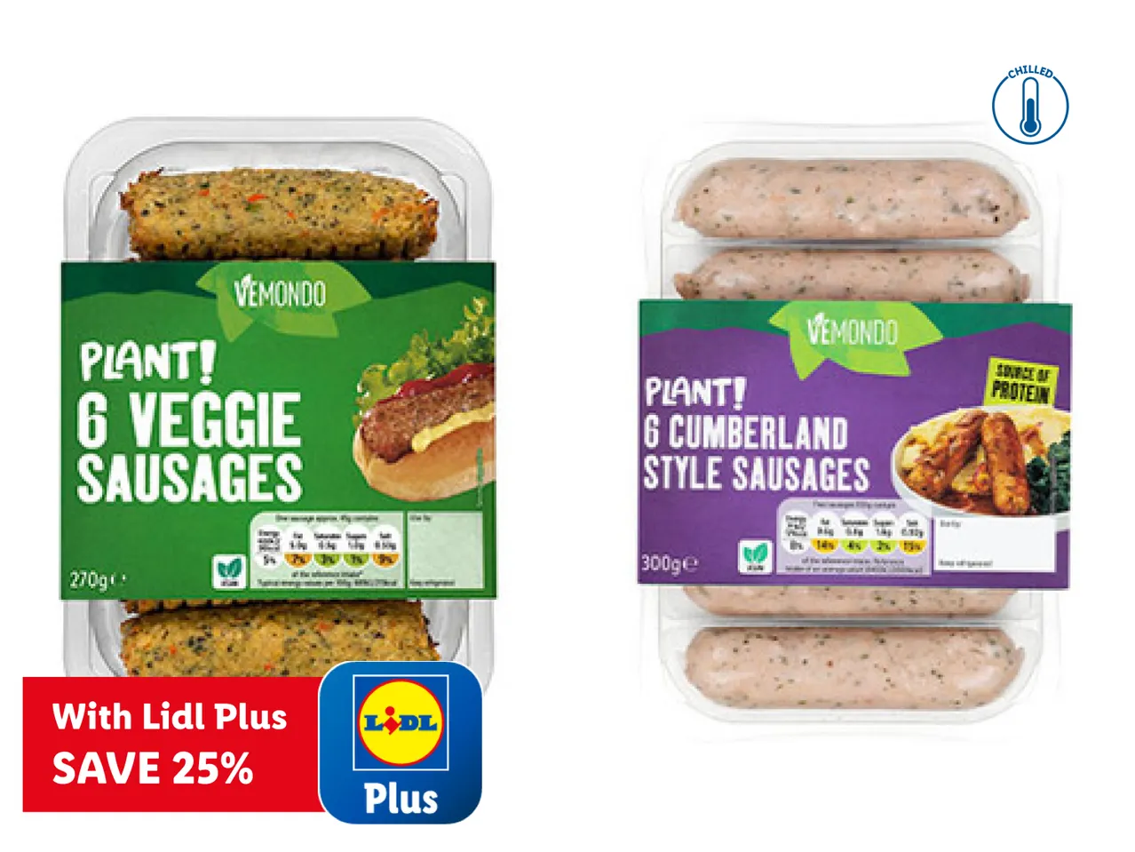 Two packs of plant-based sausages: 6 veggie sausages and 6 Cumberland style sausages, with a 'Save 25% with Lidl Plus' offer.