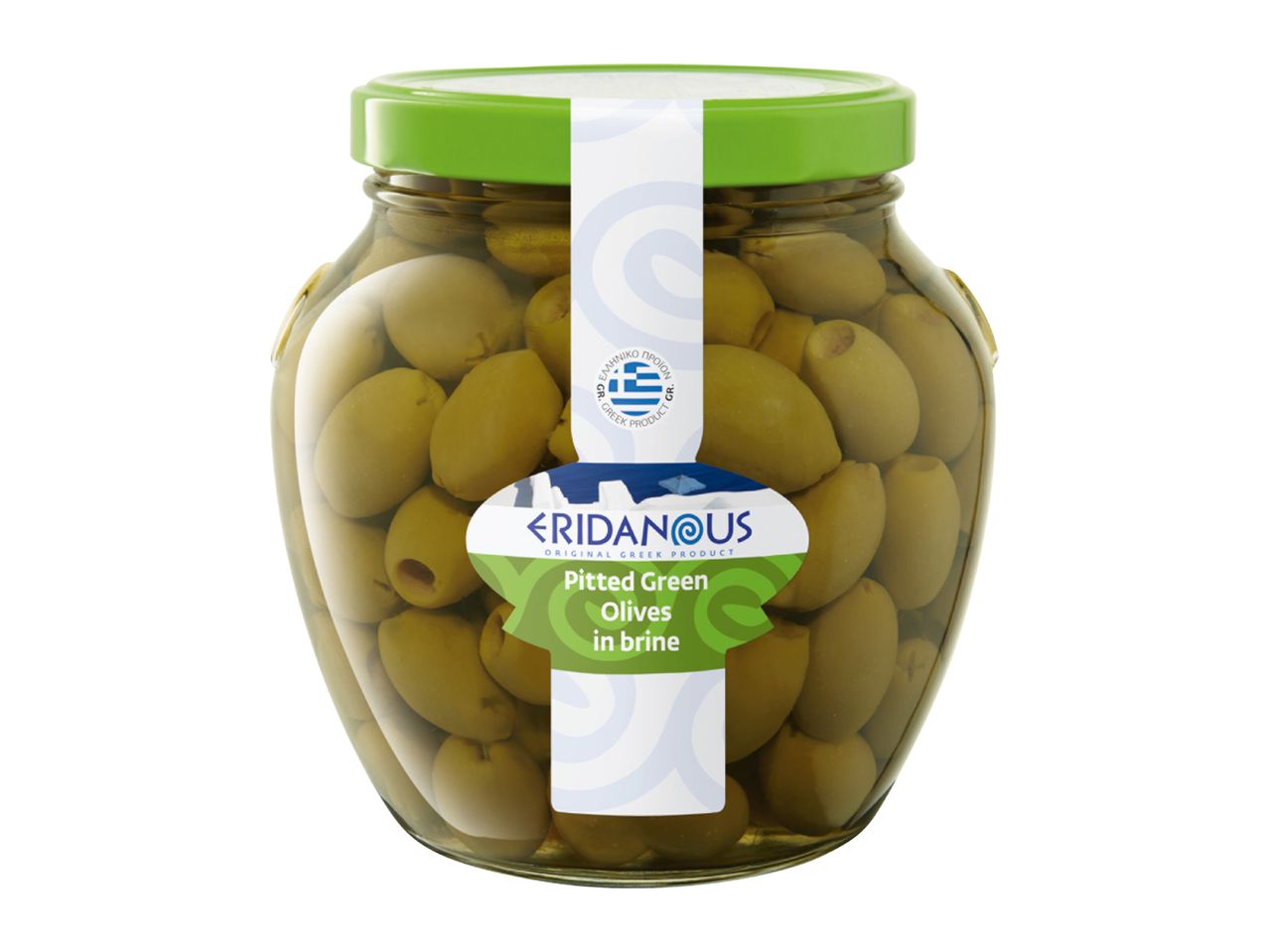 Jar of pitted green olives in brine with a green lid and label