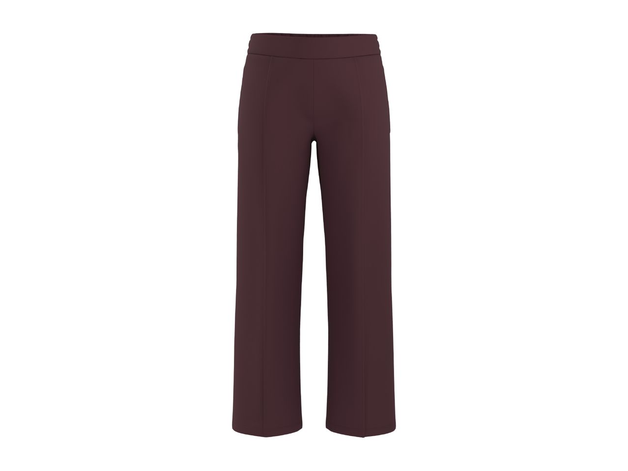 Dark red wide-leg trousers with a flat waistband and vertical seams down the front.