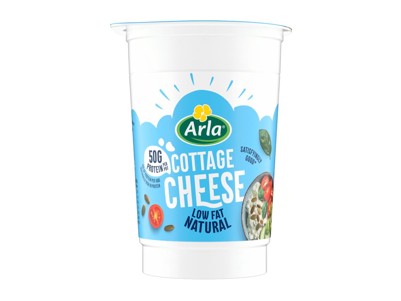 Cottage cheese pot with 50g protein, low fat, and natural, featuring a bowl of cottage cheese with tomatoes and seeds.