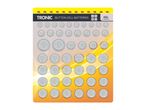 A pack of 48 button cell batteries in various sizes on a yellow and white background.
