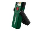 Green work light with a red power button, battery indicator, and a black adjustable stand.