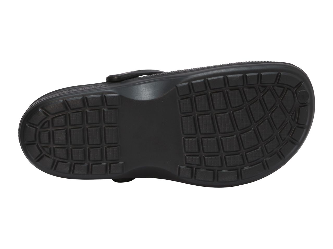 Bottom view of a black clog with a textured sole and a strap.