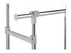 Close-up of a silver and grey adjustable clothes rail with chrome-plated bars.