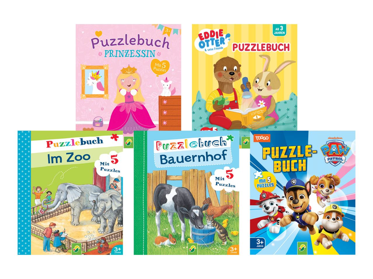 Fünf Puzzlebücher für Kinder ab 3 Jahren: Prinzessin, Eddie Otter, Zoo, Bauernhof und Paw Patrol.