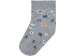 Grey baby socks with a floral pattern.