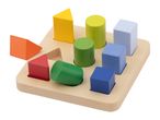 Wooden shape sorter with colorful geometric blocks including triangles, cylinders, and cubes.