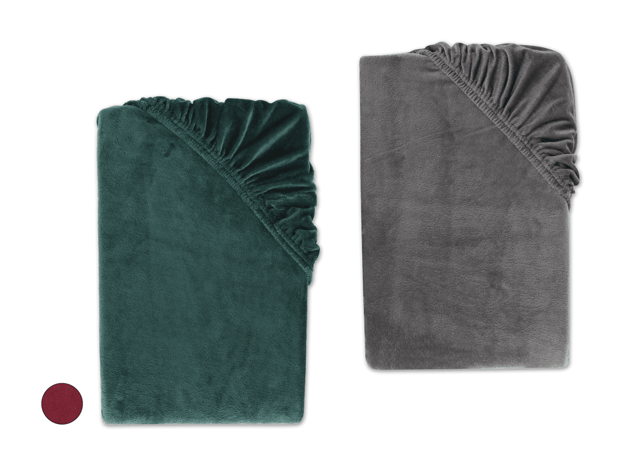 Zwei Spannbettlaken aus weichem Velours, eines in Dunkelgrün und eines in Grau