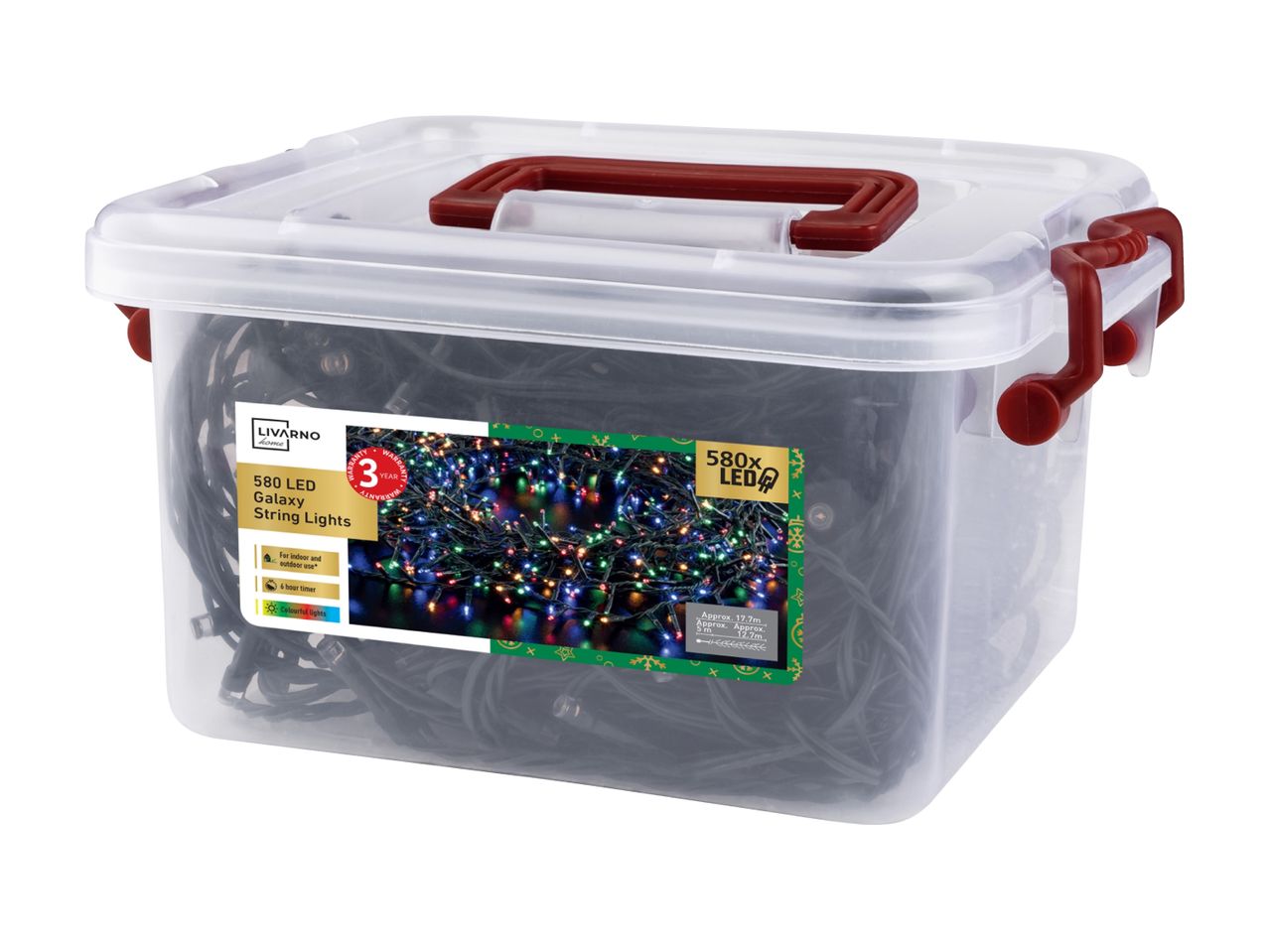 LIVARNO home 580 LED Galaxy String Lights in a clear storage box with red handles.
