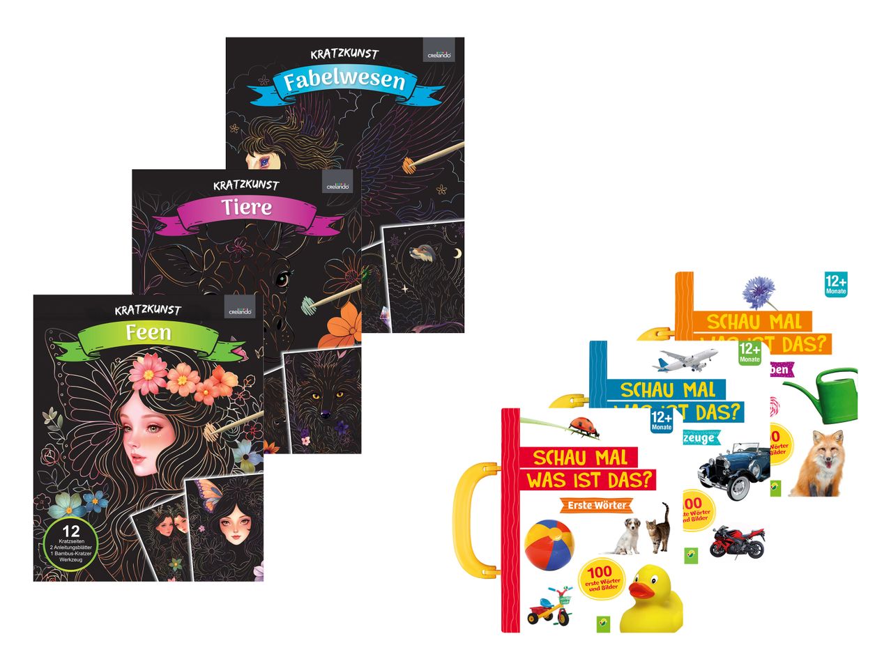 Kratzkunst-Sets mit Feen, Tieren und Fabelwesen sowie ein Kinderbuch mit dem Titel „Schau mal, was ist das?“