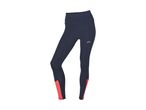 Dark blue women's sports leggings with coral-colored accents on the lower legs.
