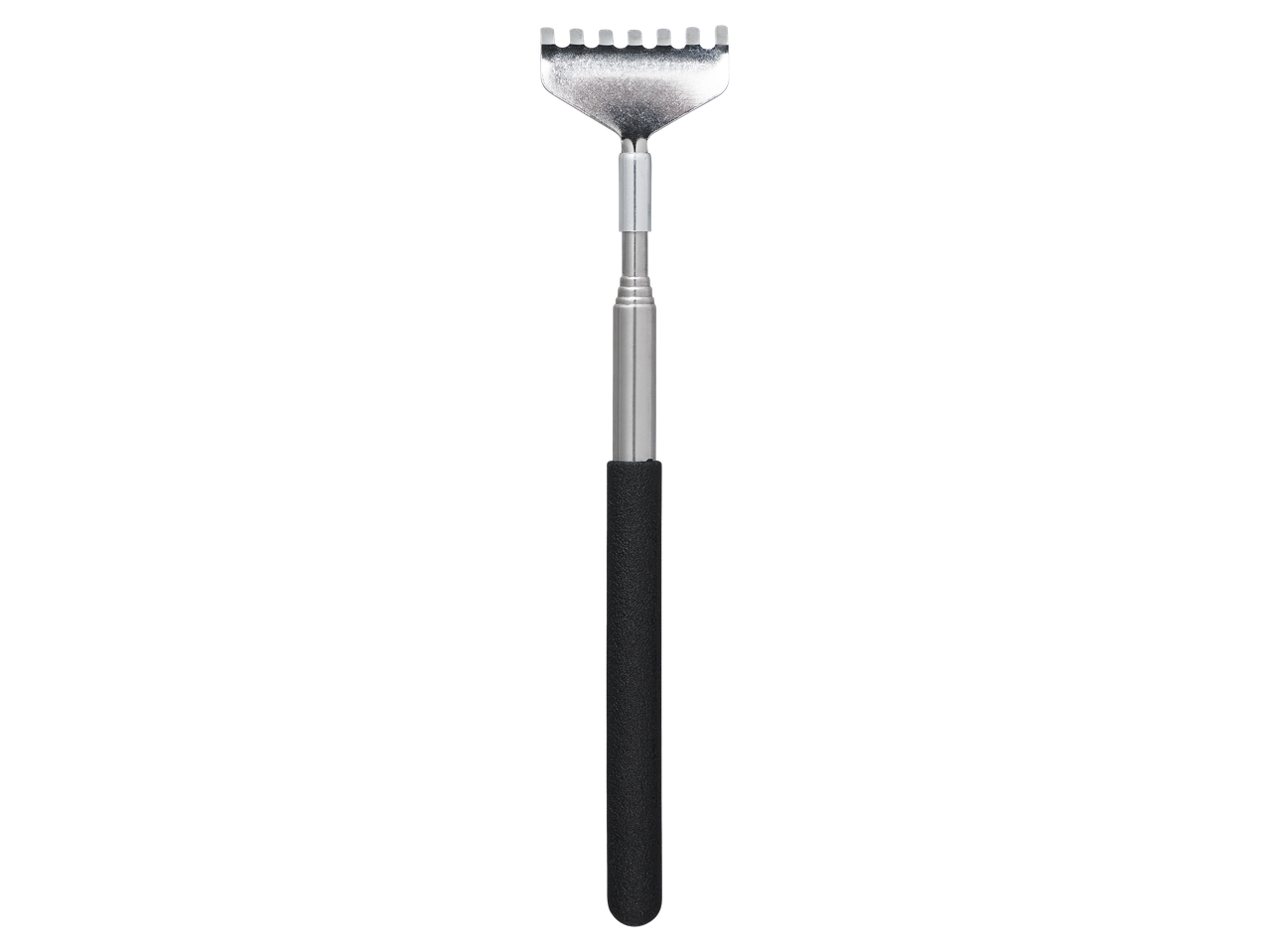 Un răzuitor de spate telescopic din metal cu mâner negru.
