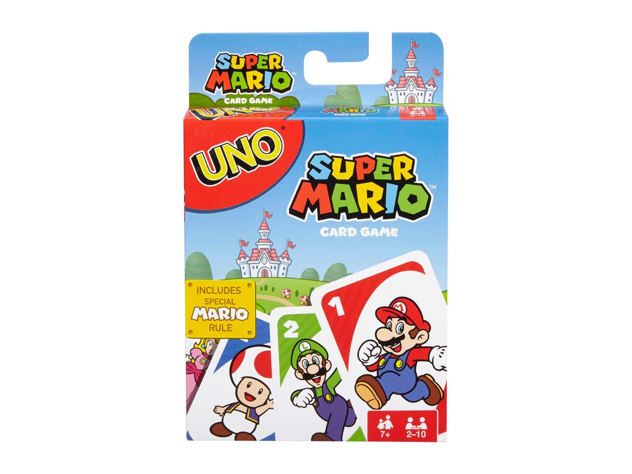 Super Mario themed card game box, featuring Mario, Luigi, and Toad characters.