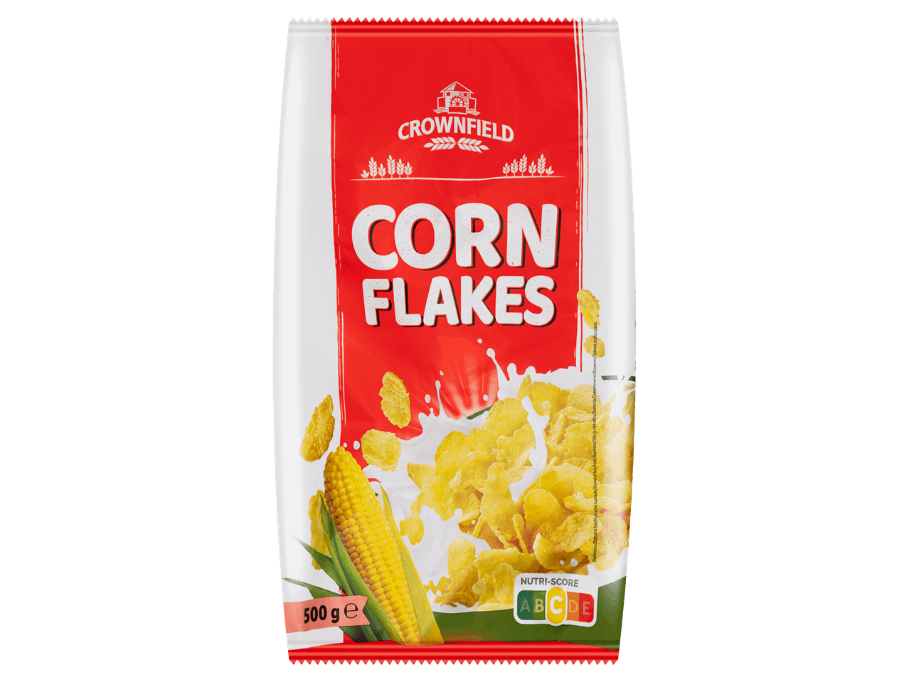 500 g-os kukoricapehely piros csomagolásban, tejjel és kukoricacsővel ábrázolva.