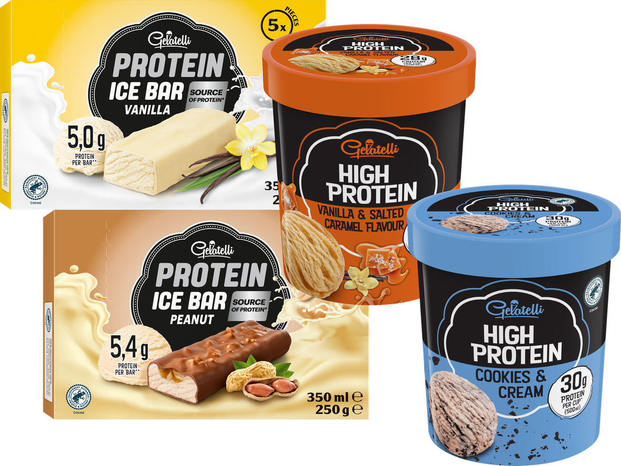 Gelatelli proteinisglassar och proteinberikad glass i vanilj, jordnöt, vanilj & saltad karamell och cookies & cream.