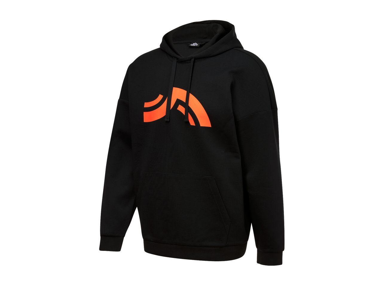 Black hoodie with an orange graphic design on the front