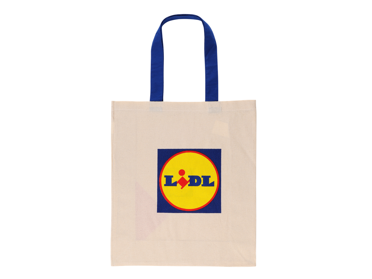 Bela nakupovalna torba z modrimi ročaji in logotipom trgovine.