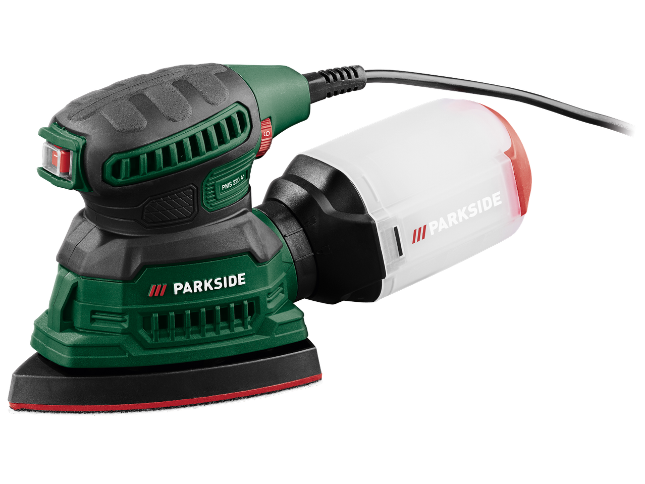 Електрическа виброшлайфмашина със зелен и черен корпус, червен превключвател и прозрачен контейнер за прах.