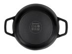 Bottom view of a black cast iron pot with handles, showing cooking compatibility symbols.